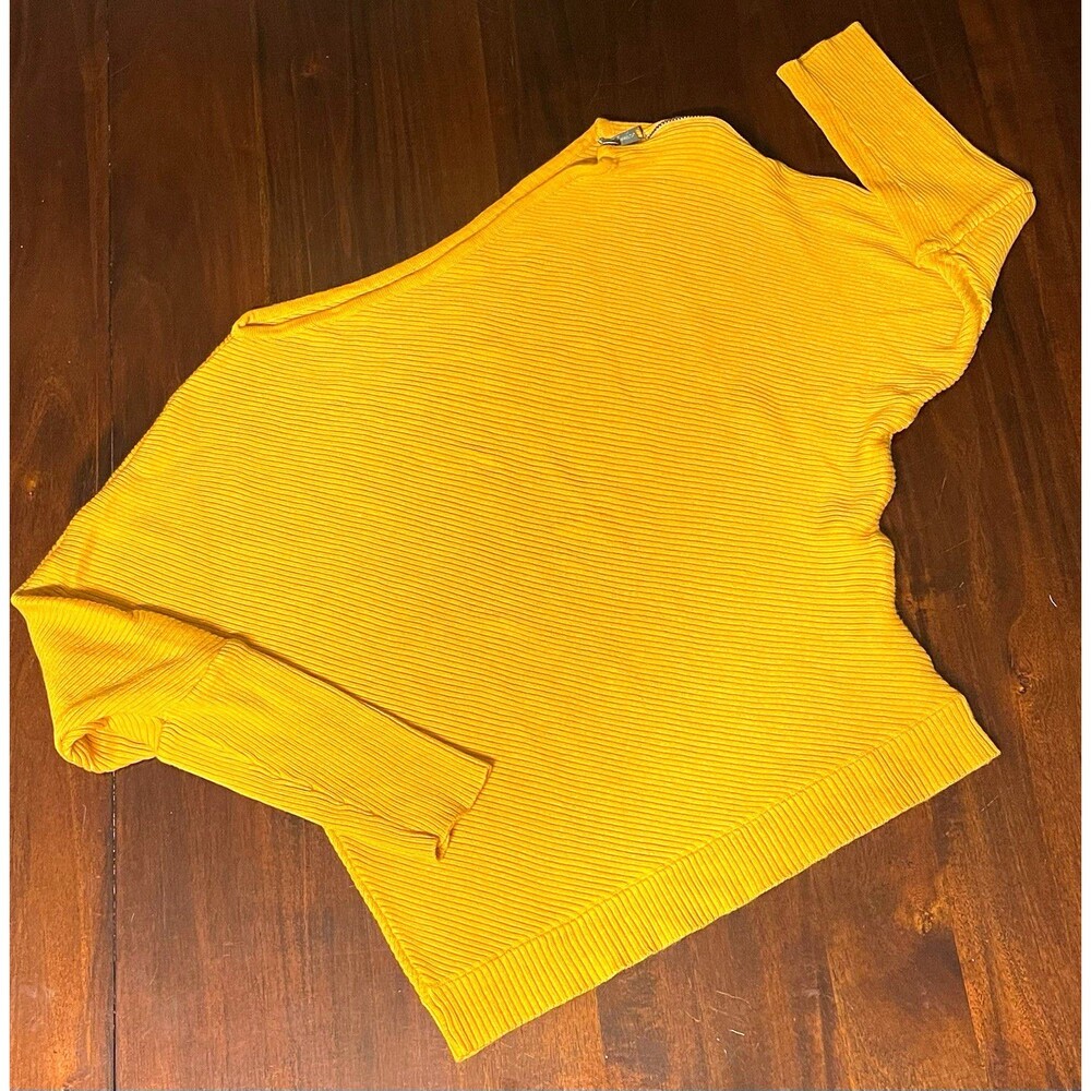 GUESS Yellow Off The Shoulder Rib-Knit Zip Cotton Sweater Women's M